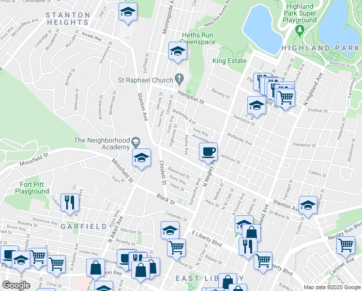 map of restaurants, bars, coffee shops, grocery stores, and more near 5443 Stanton Avenue in Pittsburgh