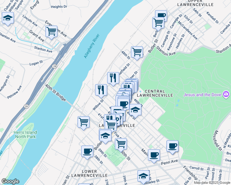 map of restaurants, bars, coffee shops, grocery stores, and more near in Pittsburgh