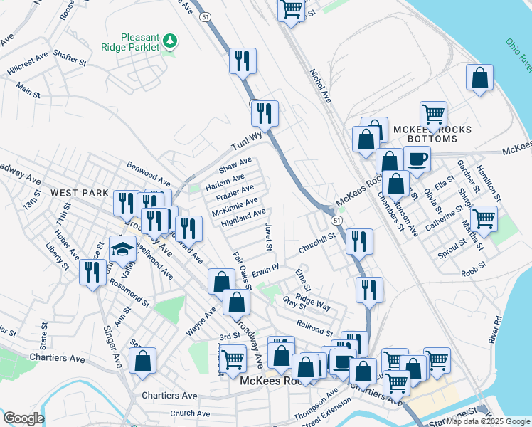 map of restaurants, bars, coffee shops, grocery stores, and more near 43 Highland Avenue in McKees Rocks