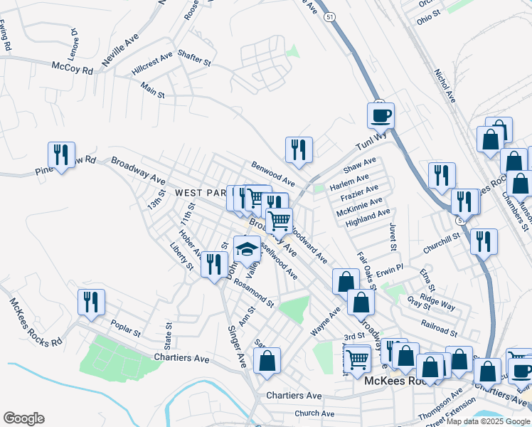 map of restaurants, bars, coffee shops, grocery stores, and more near 732 Broadway Avenue in McKees Rocks