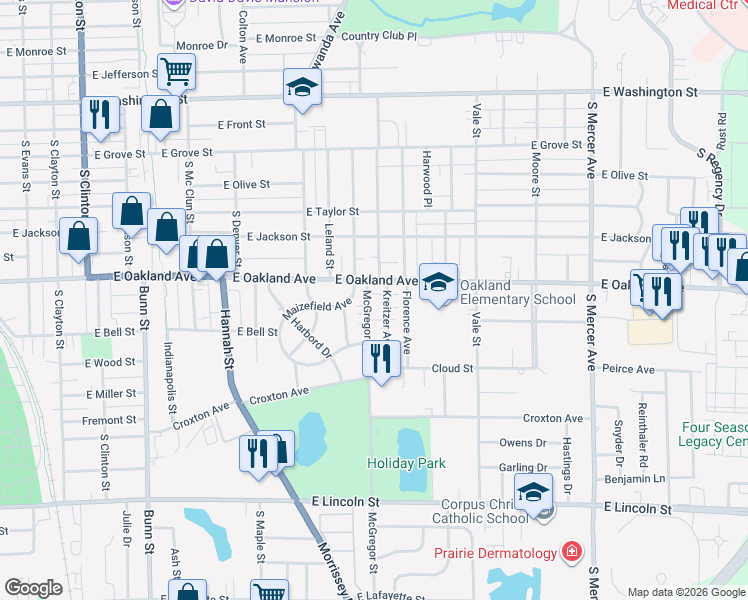 map of restaurants, bars, coffee shops, grocery stores, and more near 513 McGregor Street in Bloomington