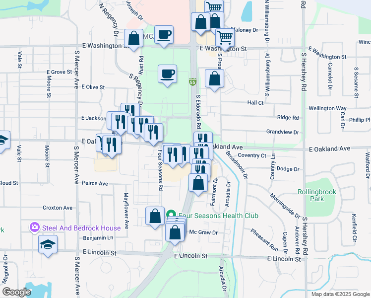 map of restaurants, bars, coffee shops, grocery stores, and more near 2507 East Oakland Avenue in Bloomington