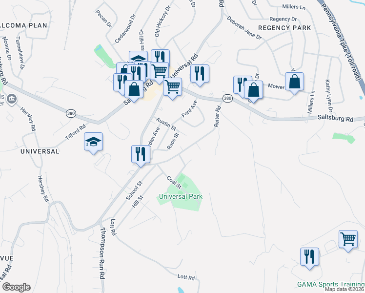 map of restaurants, bars, coffee shops, grocery stores, and more near 2720 Reiter Road in Pittsburgh