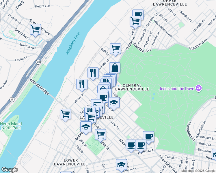 map of restaurants, bars, coffee shops, grocery stores, and more near in Pittsburgh