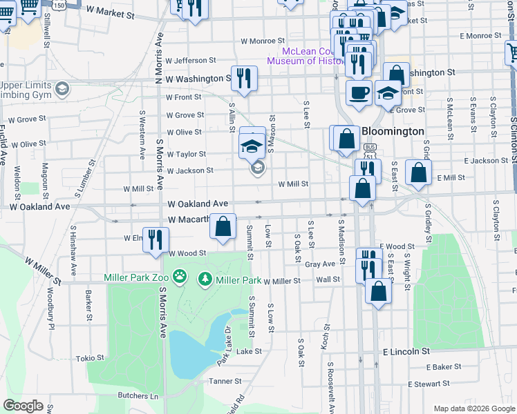 map of restaurants, bars, coffee shops, grocery stores, and more near 801 West Macarthur Avenue in Bloomington