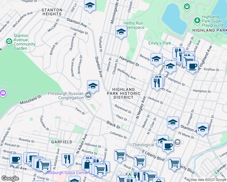 map of restaurants, bars, coffee shops, grocery stores, and more near 5407 Stanton Avenue in Pittsburgh