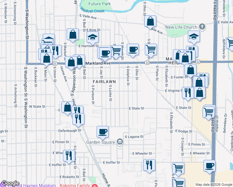 map of restaurants, bars, coffee shops, grocery stores, and more near 1213 South Waugh Street in Kokomo