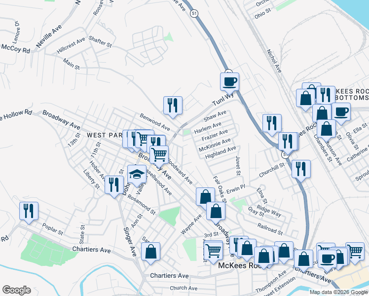 map of restaurants, bars, coffee shops, grocery stores, and more near 818 Lamont Street in McKees Rocks