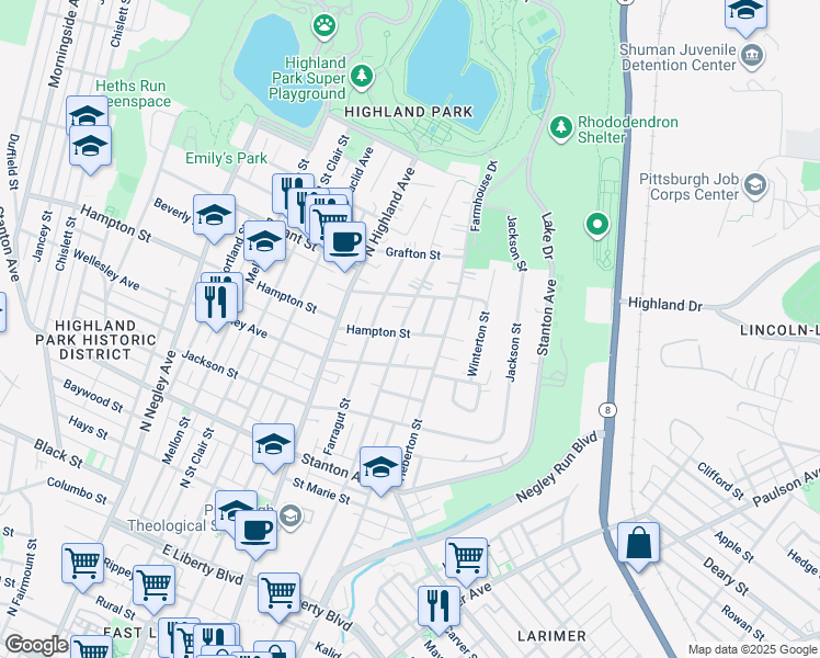 map of restaurants, bars, coffee shops, grocery stores, and more near 1027 North Sheridan Avenue in Pittsburgh