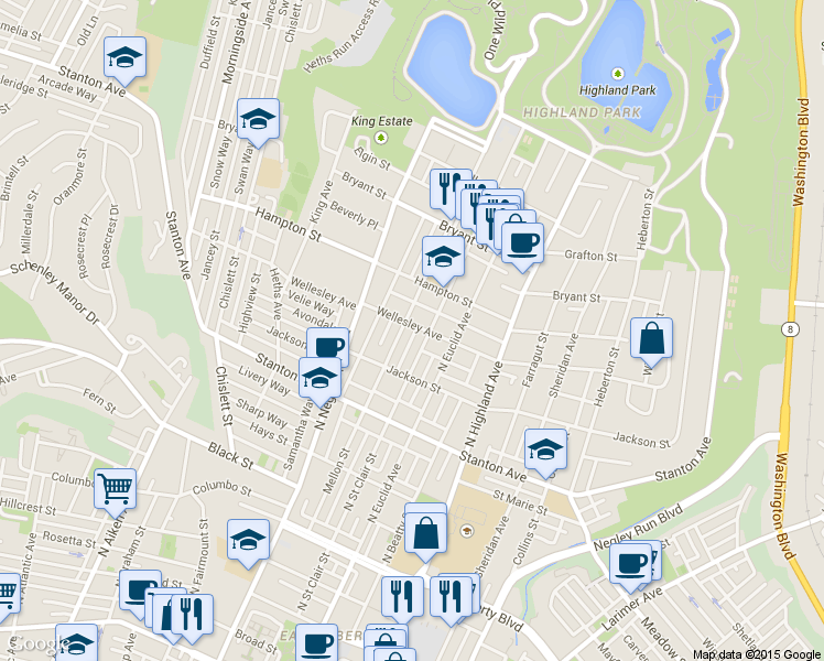 map of restaurants, bars, coffee shops, grocery stores, and more near 927 North Saint Clair Street in Pittsburgh