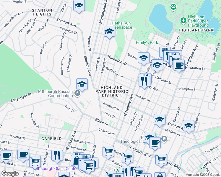 map of restaurants, bars, coffee shops, grocery stores, and more near 5443 Stanton Avenue in Pittsburgh