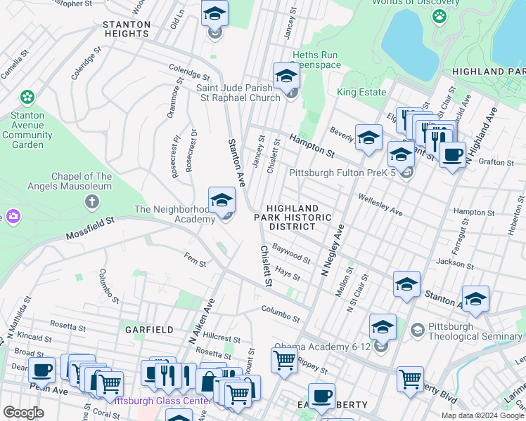 map of restaurants, bars, coffee shops, grocery stores, and more near 5400 Stanton Avenue in Pittsburgh