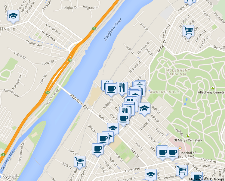 map of restaurants, bars, coffee shops, grocery stores, and more near 93 43rd Street in Pittsburgh