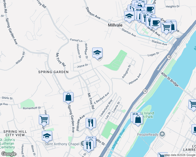 map of restaurants, bars, coffee shops, grocery stores, and more near 2042 East Homestead Street in Pittsburgh