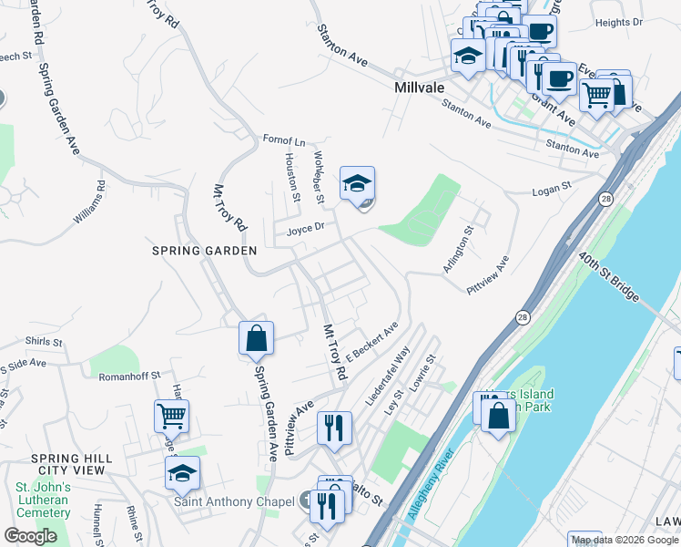 map of restaurants, bars, coffee shops, grocery stores, and more near 2042 East Homestead Street in Pittsburgh