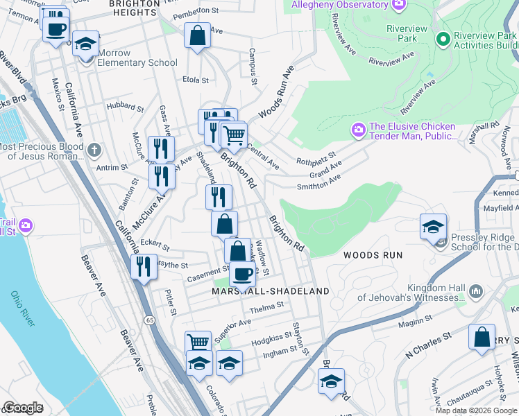 map of restaurants, bars, coffee shops, grocery stores, and more near 3036 Wadlow Street in Pittsburgh