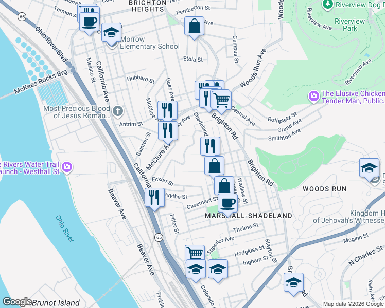 map of restaurants, bars, coffee shops, grocery stores, and more near 41 Complete Street in Pittsburgh