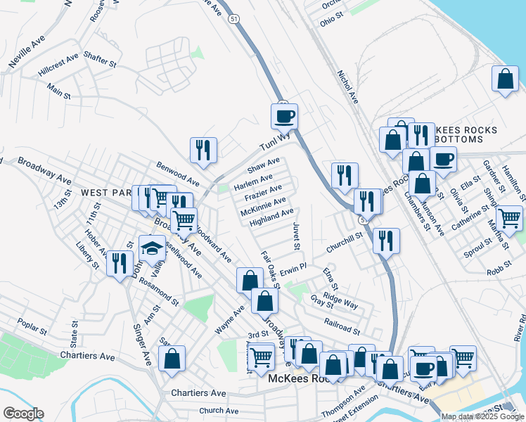 map of restaurants, bars, coffee shops, grocery stores, and more near 80 Highland Avenue in McKees Rocks