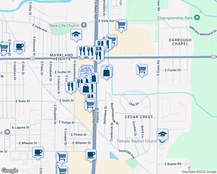 map of restaurants, bars, coffee shops, grocery stores, and more near 1212 Belvedere Drive in Kokomo