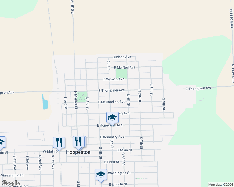 map of restaurants, bars, coffee shops, grocery stores, and more near 640 East McCracken Avenue in Hoopeston
