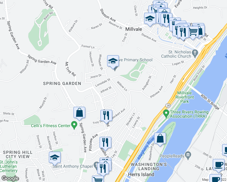 map of restaurants, bars, coffee shops, grocery stores, and more near 2042 East Homestead Street in Pittsburgh