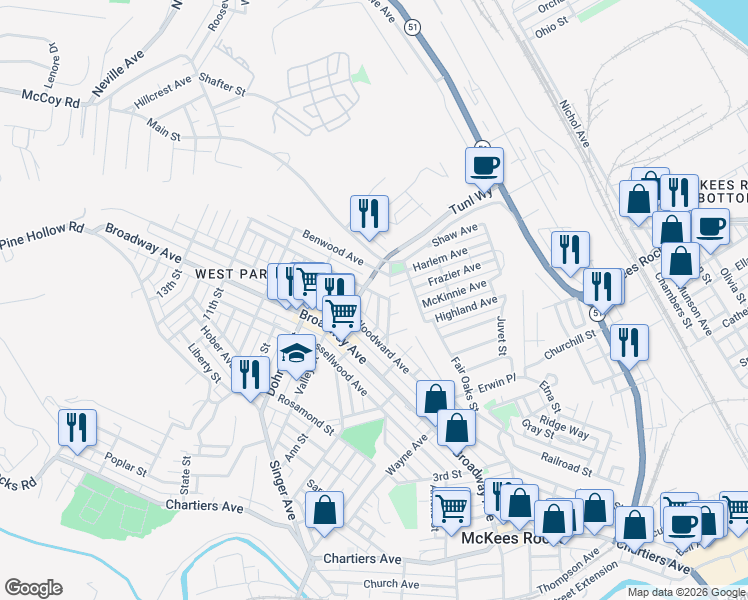 map of restaurants, bars, coffee shops, grocery stores, and more near 818 Lamont Street in McKees Rocks