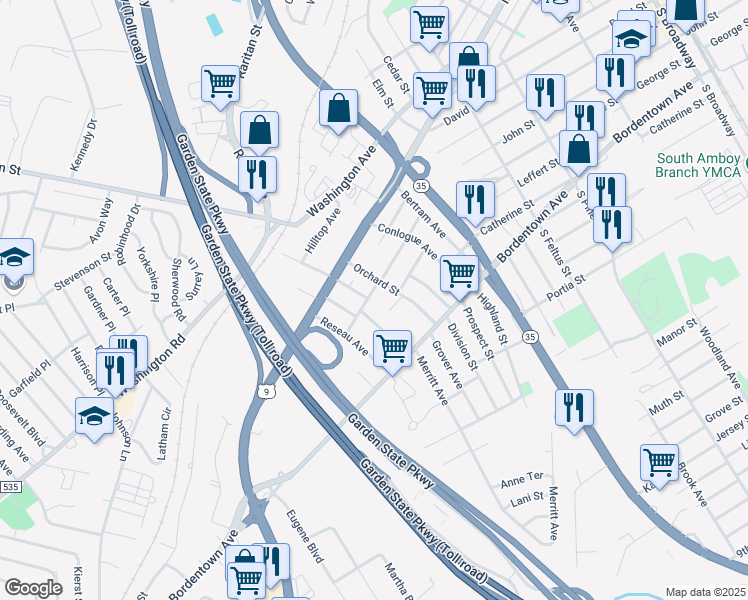 map of restaurants, bars, coffee shops, grocery stores, and more near 38 Harkins Street in South Amboy