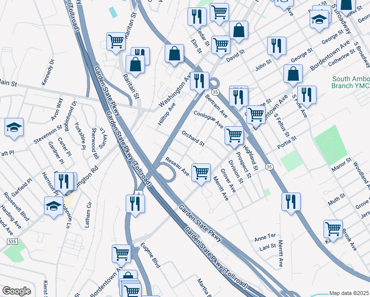map of restaurants, bars, coffee shops, grocery stores, and more near 18 Crescent Avenue in South Amboy