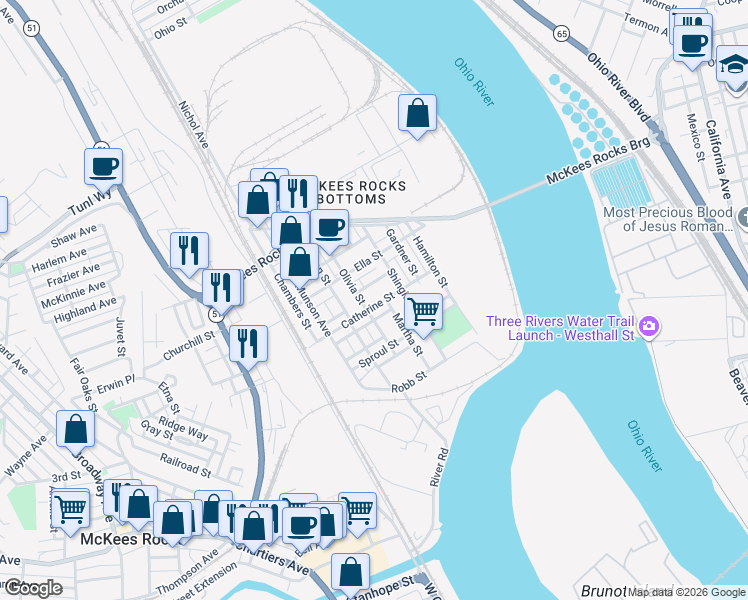 map of restaurants, bars, coffee shops, grocery stores, and more near 304 Catherine Street in McKees Rocks