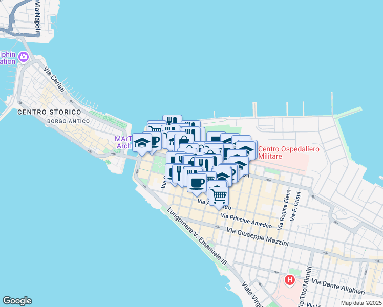 map of restaurants, bars, coffee shops, grocery stores, and more near 3 Via Ciro Giovinazzi in Taranto