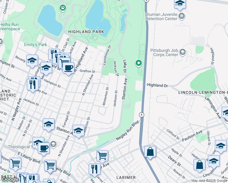 map of restaurants, bars, coffee shops, grocery stores, and more near 6507 Jackson Street in Pittsburgh