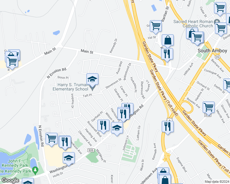 map of restaurants, bars, coffee shops, grocery stores, and more near 25 Gardner Place in Sayreville