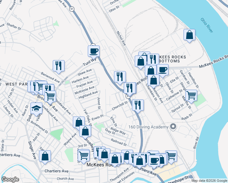 map of restaurants, bars, coffee shops, grocery stores, and more near 737 Camp Street in McKees Rocks
