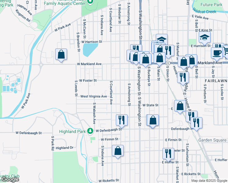map of restaurants, bars, coffee shops, grocery stores, and more near 1206 South Courtland Avenue in Kokomo