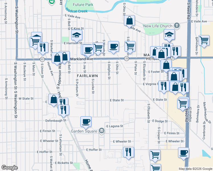 map of restaurants, bars, coffee shops, grocery stores, and more near 1214 South Delphos Street in Kokomo
