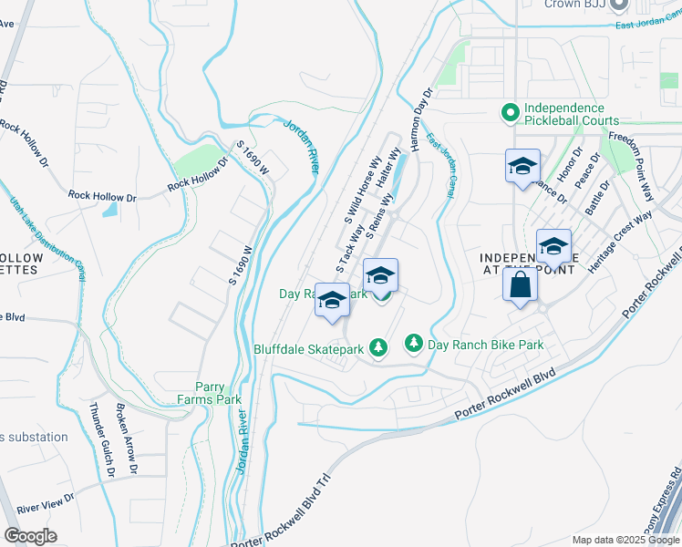 map of restaurants, bars, coffee shops, grocery stores, and more near 15281 South Tack Way in Bluffdale