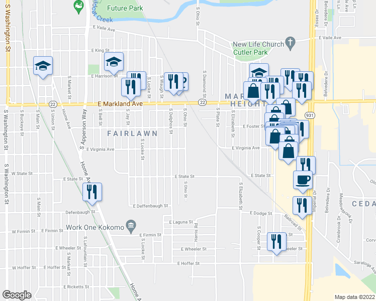 map of restaurants, bars, coffee shops, grocery stores, and more near 1200 South Ohio Street in Kokomo