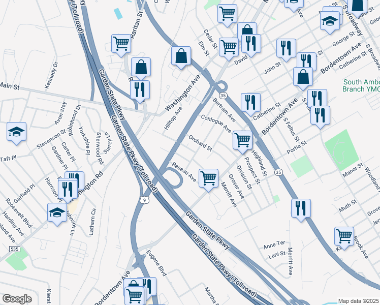 map of restaurants, bars, coffee shops, grocery stores, and more near 5 Charles Street in South Amboy