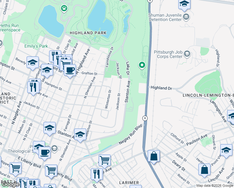 map of restaurants, bars, coffee shops, grocery stores, and more near 6507 Jackson Street in Pittsburgh
