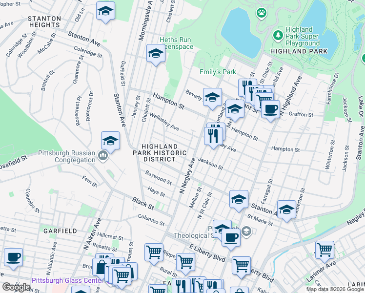 map of restaurants, bars, coffee shops, grocery stores, and more near 915 North Negley Avenue in Pittsburgh