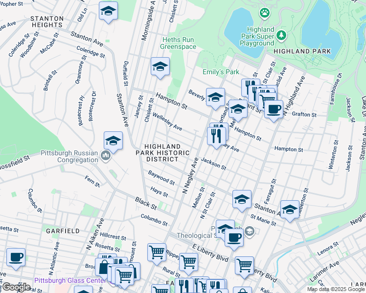 map of restaurants, bars, coffee shops, grocery stores, and more near 5518 Jackson Street in Pittsburgh