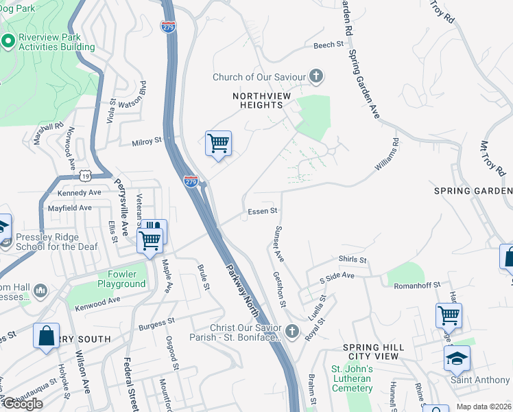 map of restaurants, bars, coffee shops, grocery stores, and more near 200 Essen Street in Pittsburgh