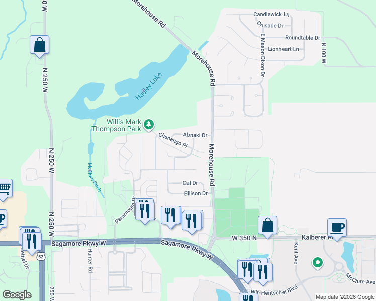 map of restaurants, bars, coffee shops, grocery stores, and more near 1917 Abnaki Way in West Lafayette