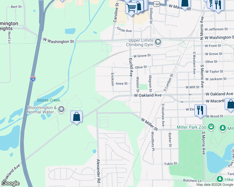 map of restaurants, bars, coffee shops, grocery stores, and more near 1612 Indiana Street in Bloomington
