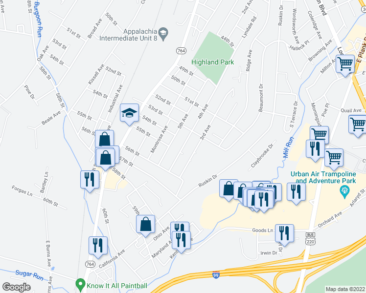 map of restaurants, bars, coffee shops, grocery stores, and more near 5408 4th Avenue in Altoona