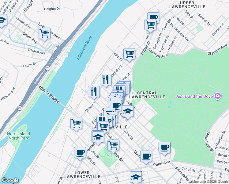 map of restaurants, bars, coffee shops, grocery stores, and more near in ARSENAL