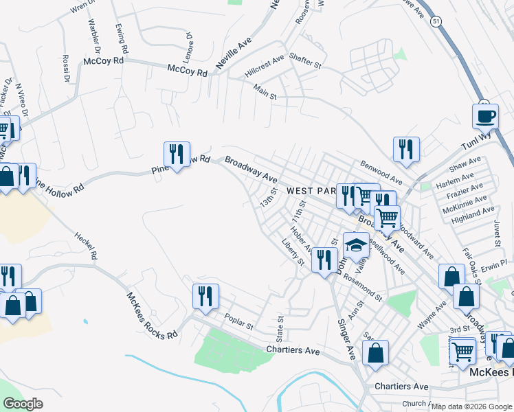 map of restaurants, bars, coffee shops, grocery stores, and more near 1142 12th Street in McKees Rocks