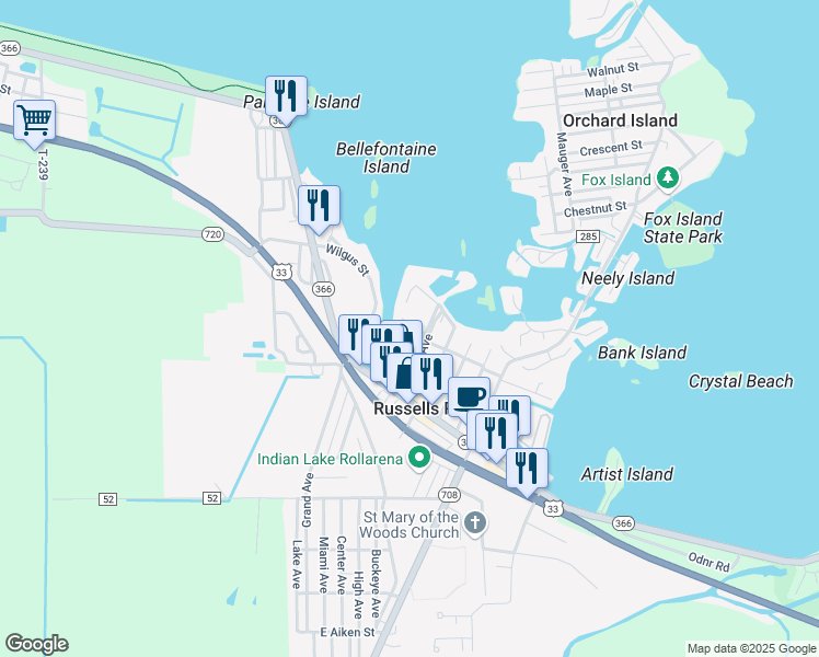 map of restaurants, bars, coffee shops, grocery stores, and more near 129 Chase Avenue in Russells Point