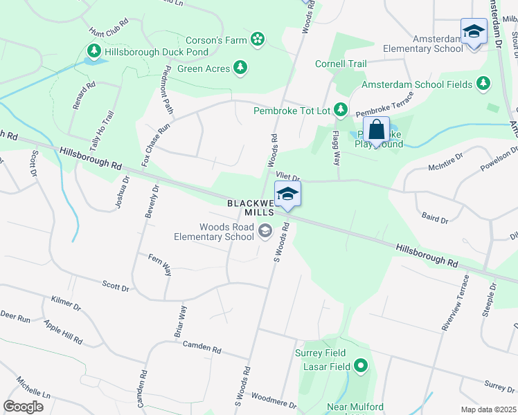 map of restaurants, bars, coffee shops, grocery stores, and more near Hillsborough Road & Woods Road in Hillsborough Township