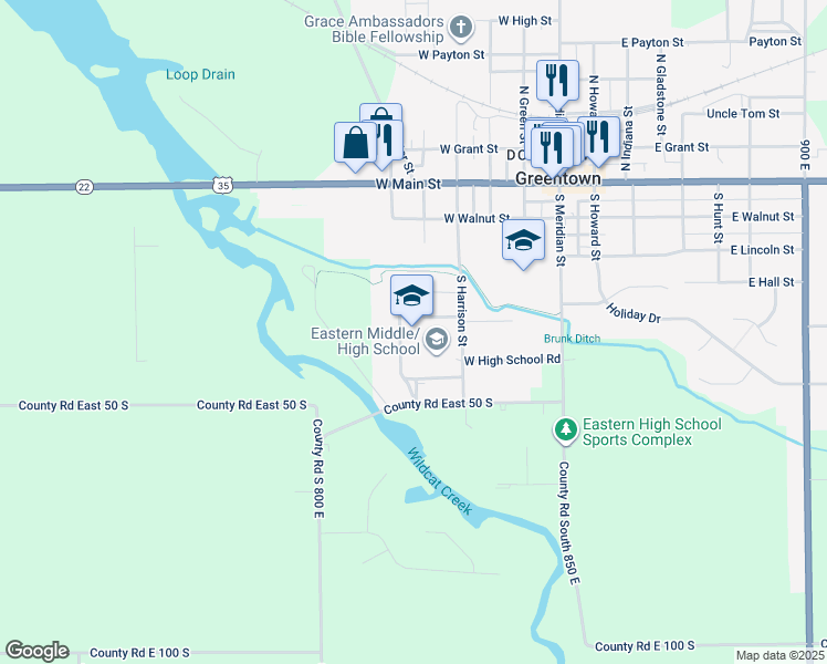 map of restaurants, bars, coffee shops, grocery stores, and more near 421 South Harrison Street in Greentown